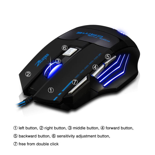 Zelotes T80 Wired Gaming Mouse, 7200 DPI, 7 Buttons, Ergonomic, LED Illumination, Black