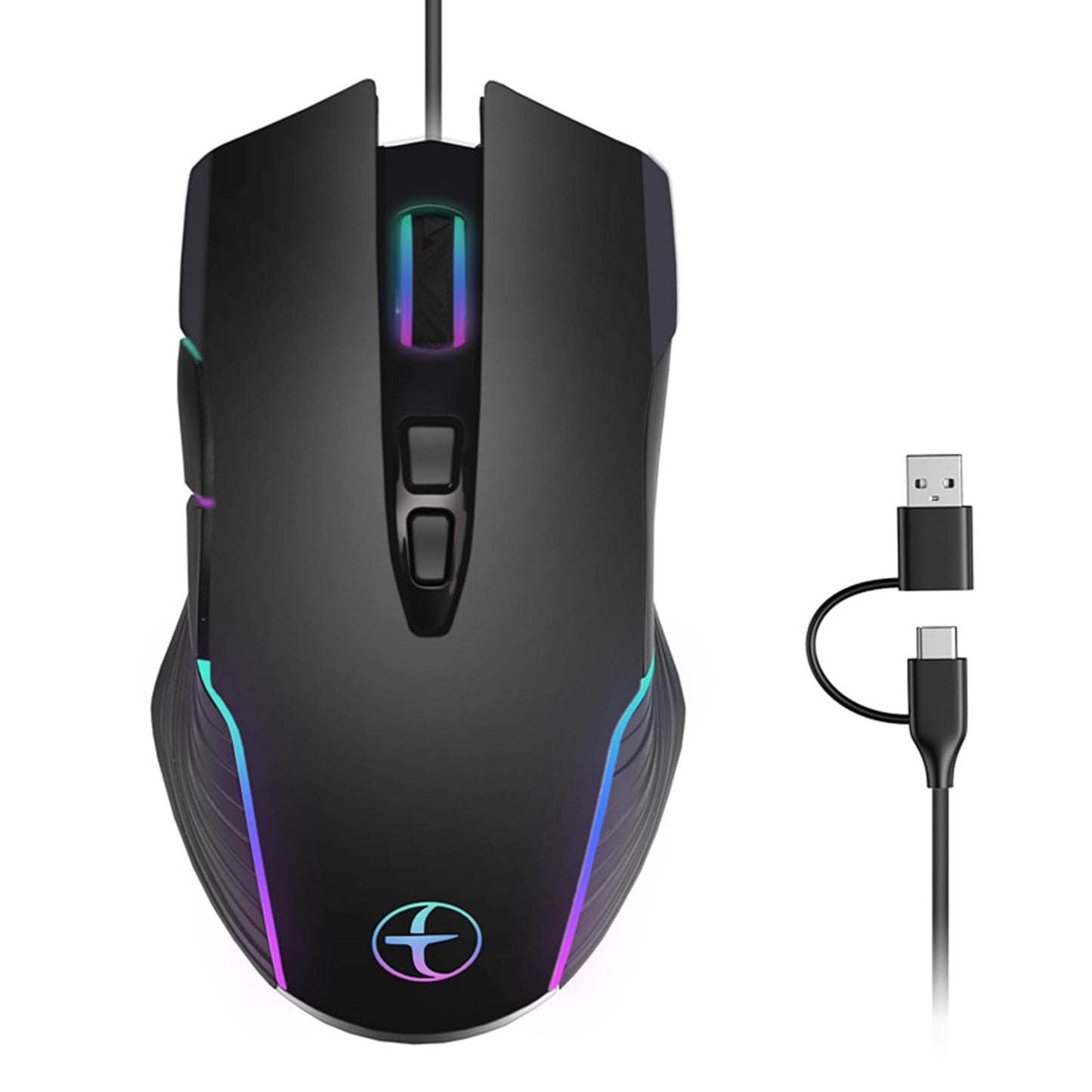 Ergonomic Wired Gaming Mouse with RGB Lighting & Mouse Jiggler, Dual USB-C/USB-A Optical Gaming Mice, 4 Adjustable DPI Up to 720