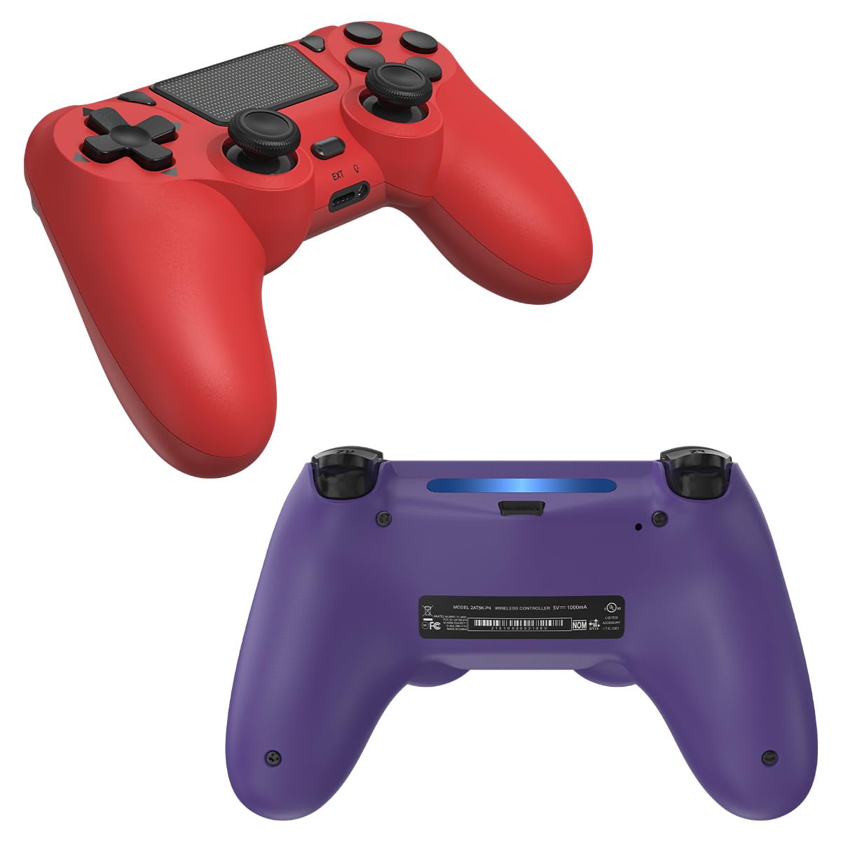 FASIGO Wireless Controller for PS4 Slim/Pro - 20h Rechargeable, Dual Vibration, Ergonomic Grip - Red & Purple (2 Pack)