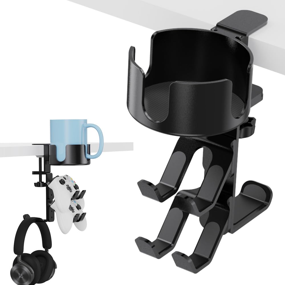 360 Rotating Controller Headphone Holder - Larger Desk Cup Holder with Adjustable Headset Hanger Controller Stand | Clamp On Desk Organizer | Gaming Pc Accessories