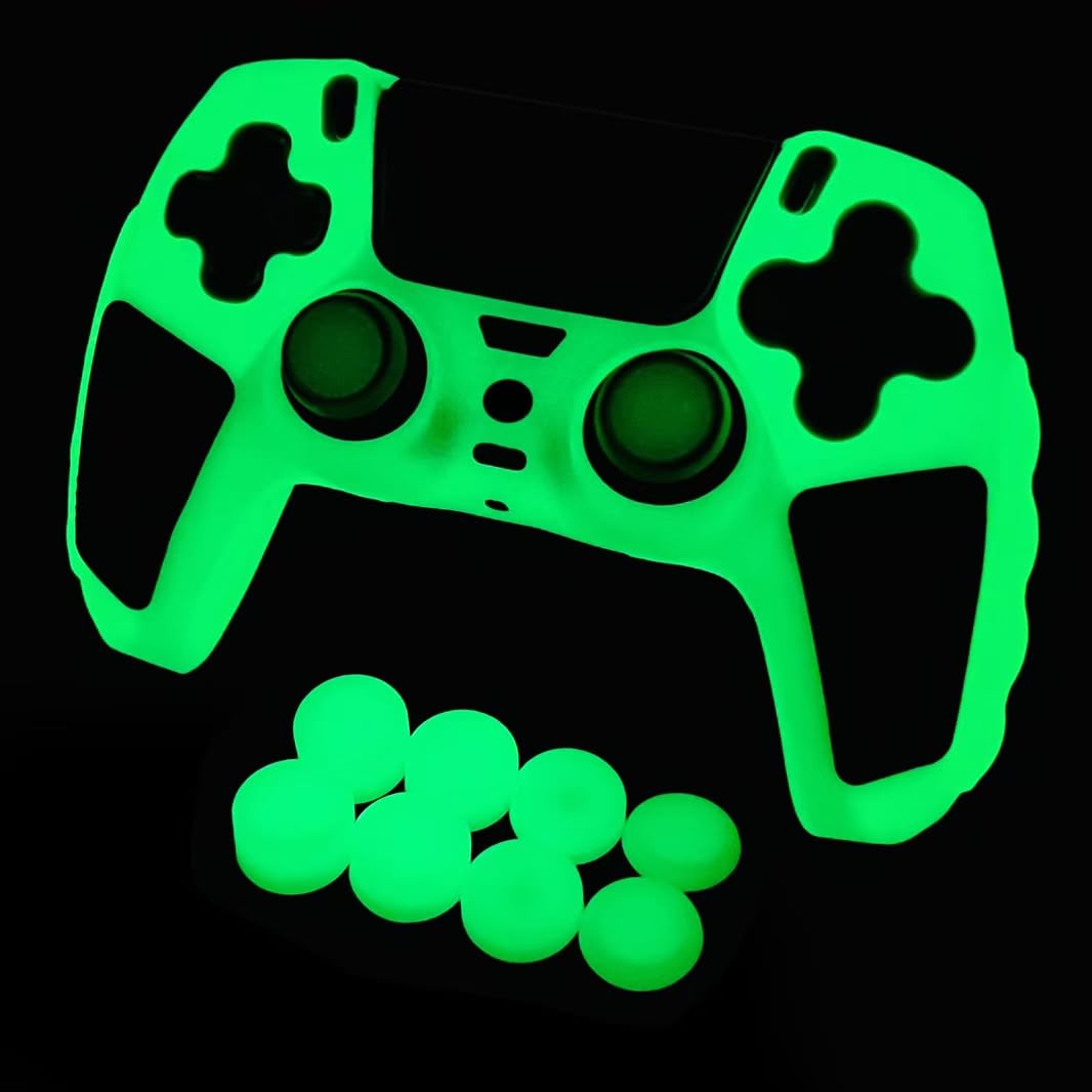 HLRAO Glow in The Dark PS5 Controller Skin Green Anti Slip Soft Thicked Studded Silicone Cover Skins Compatible with PS5 Controller Include 8 PCS Green Thumb Grips Glow and 2 Glow Grips Accessories.