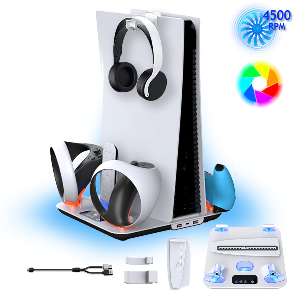 Ps5/Slim/Pro Cooling Stand and Controller Charging Station for Ps5 Vr2 with RGB Lights ;Playstation5 Console Silent Cooling Stat