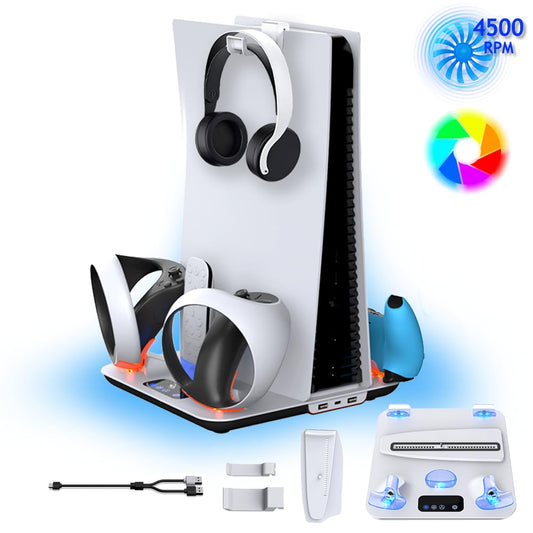 Ps5/Slim/Pro Cooling Stand and Controller Charging Station for Ps5 Vr2 with RGB Lights ;Playstation5 Console Silent Cooling Stat