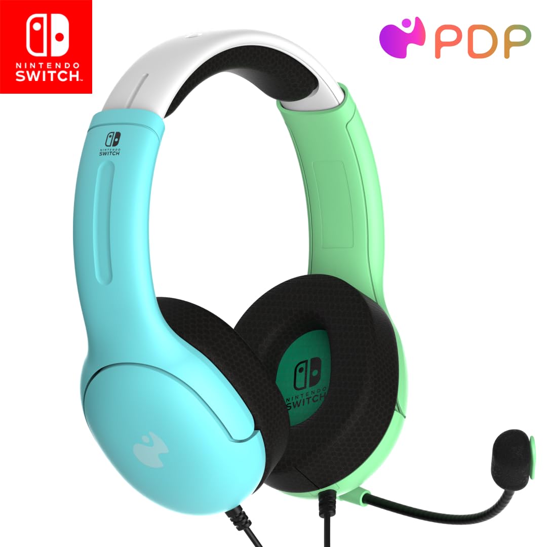 PDP Gaming LVL40 Stereo Headset with Mic for Nintendo Switch/Switch Lite/OLED - Wired Power Noise Cancelling Microphone  Lightweight  Soft Comfort On Ear Headphones (Animal Crossing Blue & Green)