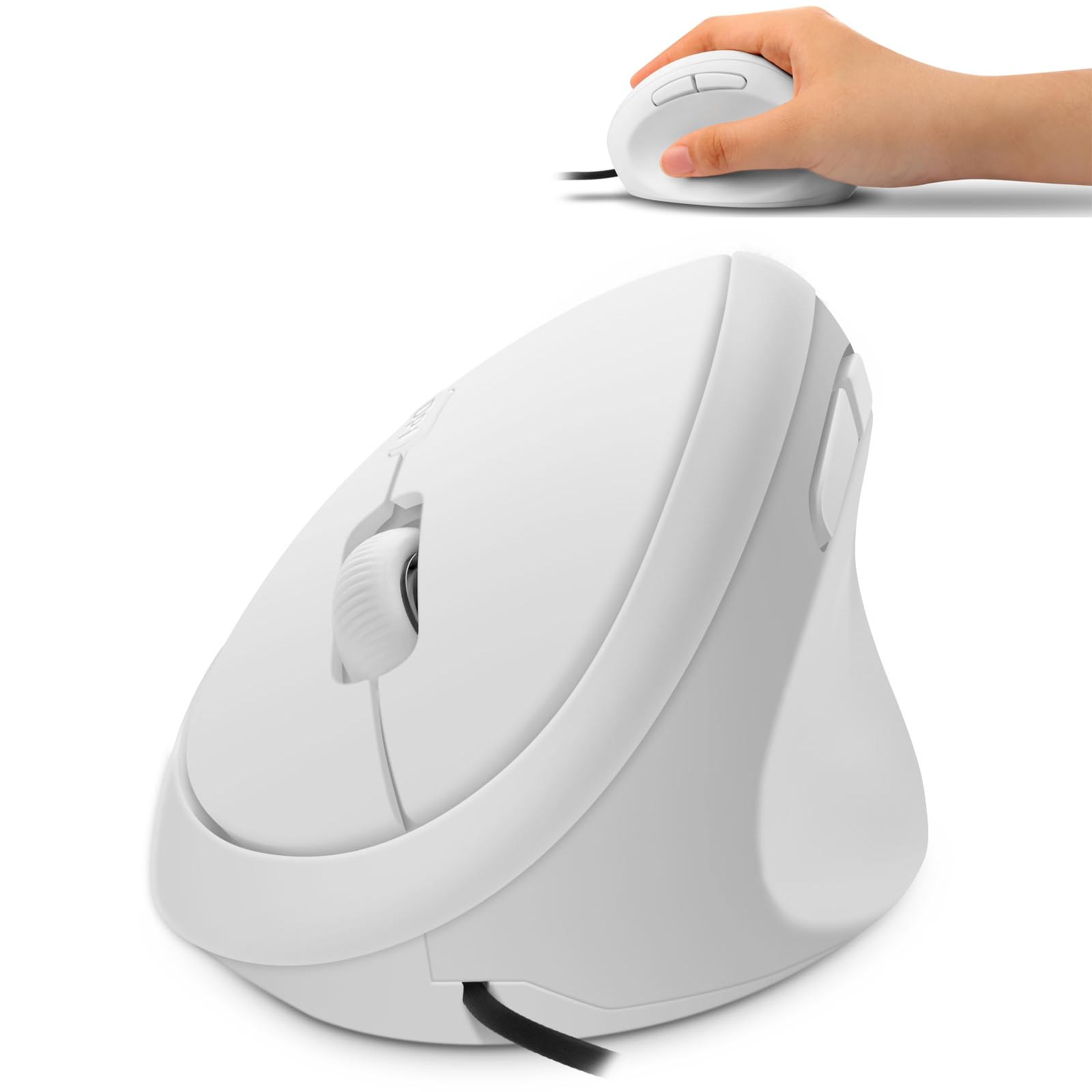 YOCUNKER USB Wired Vertical Mouse - Ergonomic, Low Noise, 6 Buttons, M Size for Small Hands, White, Compatible with Mac/PC/Laptop/Desktop