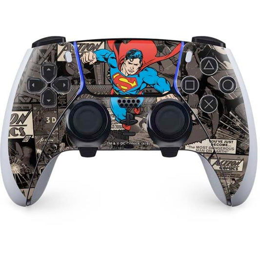 Skinit Decal Gaming Skin Compatible with PS5 DualSense Edge Pro Controller - Officially Licensed DC Comics Superman Vintage Action Pose Pattern Design