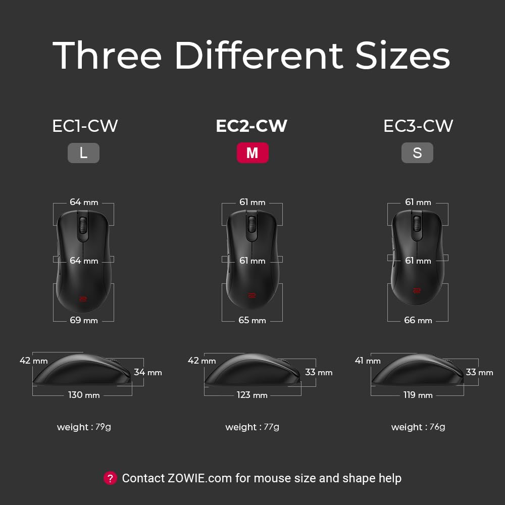 BenQ ZOWIE EC2-CW Wireless Gaming Mouse - Ergonomic, 24-step Scroll Wheel, Medium Size, Matte Black