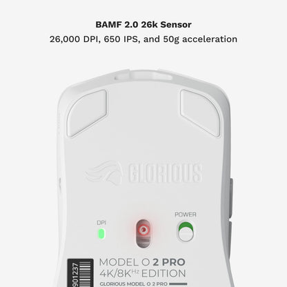 Glorious Gaming Model O 2 PRO Wireless Mouse - 4K/8K, 59g Ultralight, 26K DPI, 2.4GHz, White, Ambidextr