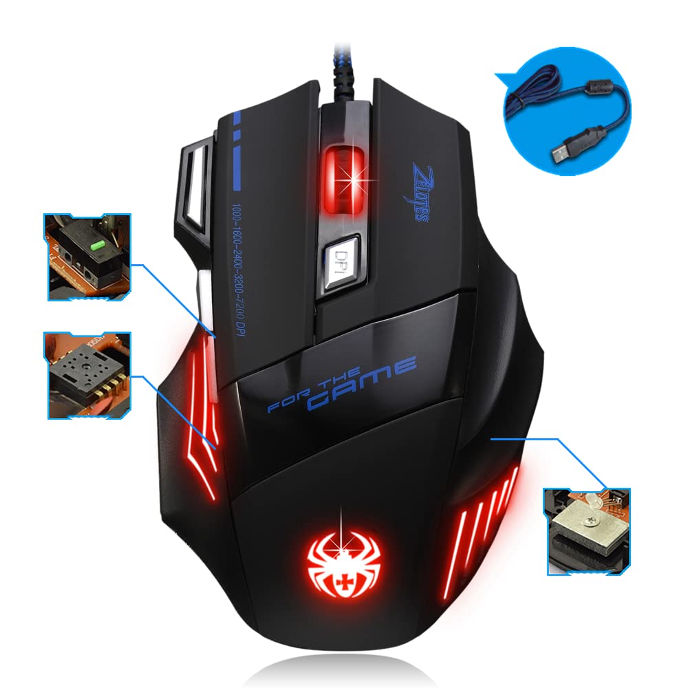Zelotes T80 Wired Gaming Mouse, 7200 DPI, 7 Buttons, Ergonomic, LED Illumination, Black