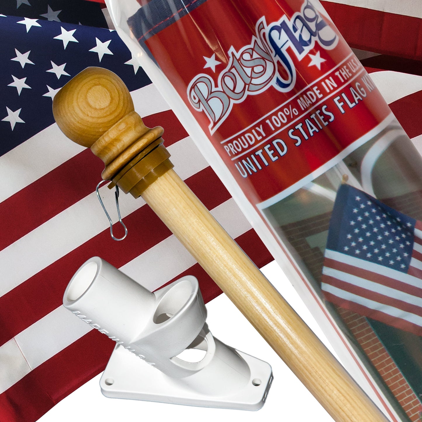 5Ft Wood Flagpole Betsy Flags American Flag Kit, 2.5X4Ft Printed Polycotton Sleeved Banner And Mounting Hardware