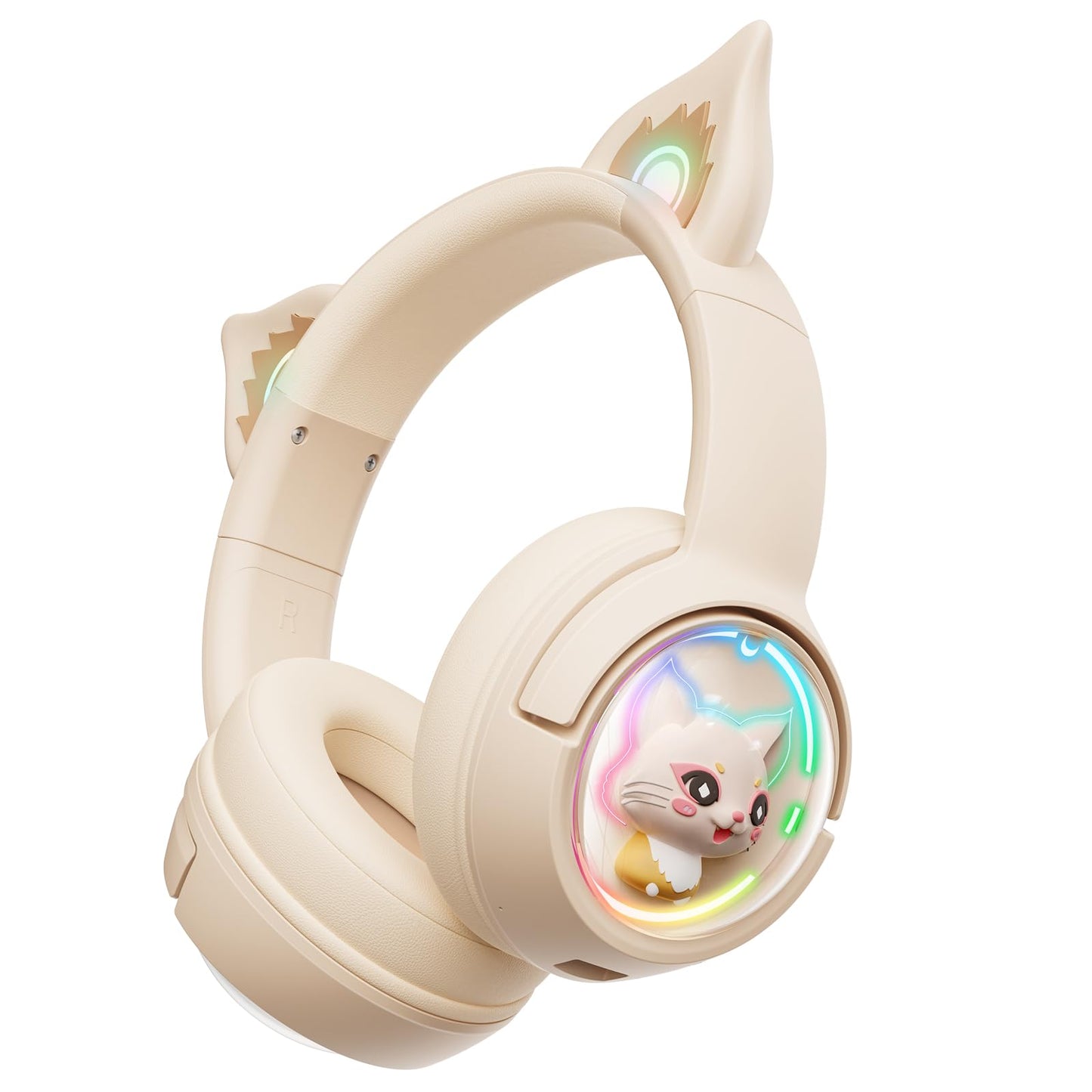 PHNIXGAM Cat Bluetooth Headphones, Wireless Headset with Mic, RGB LED Light, Beige, Model B5, For Kids and Adults