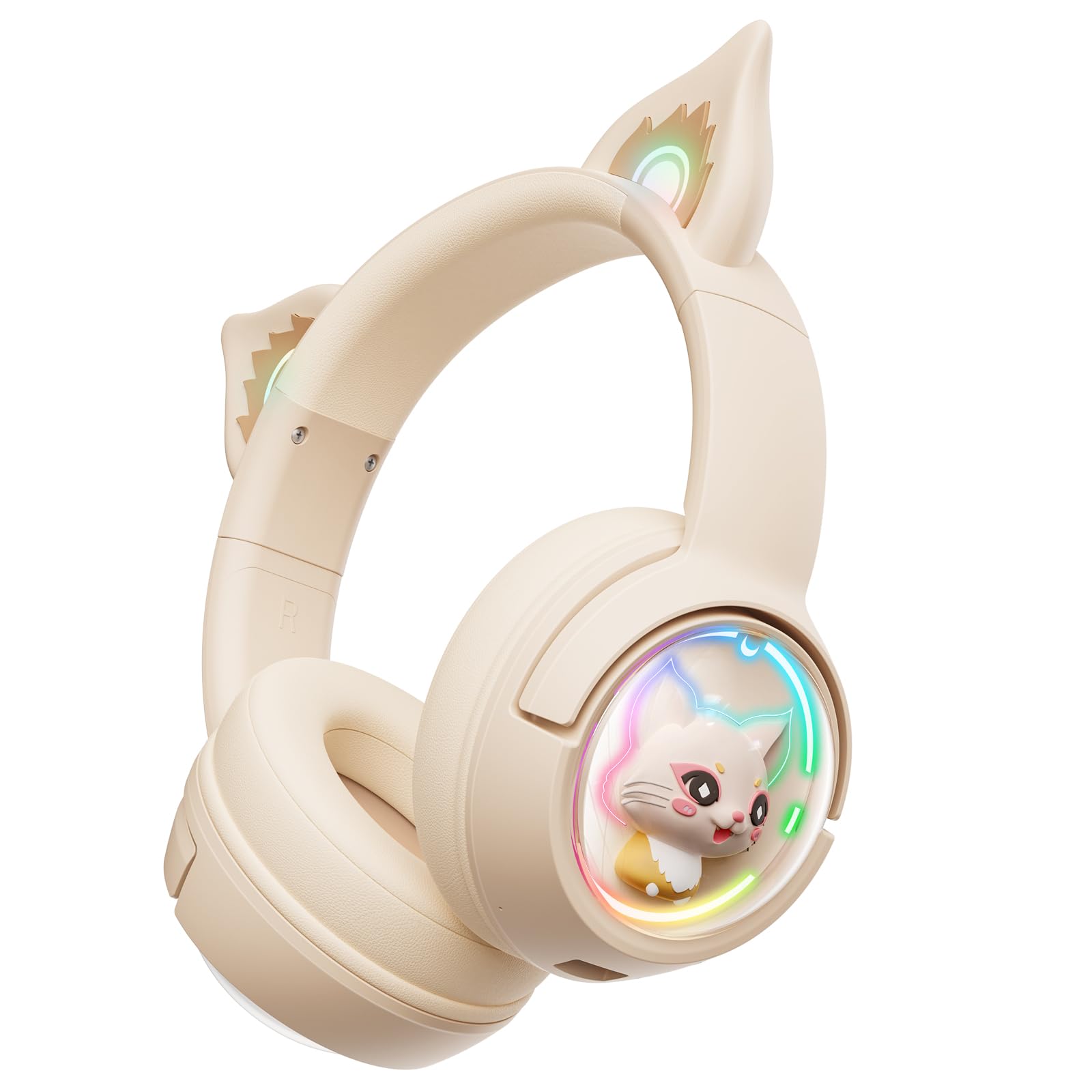 PHNIXGAM Cat Bluetooth Headphones, Wireless Headset with Mic, RGB LED Light, Beige, Model B5, For Kids and Adults