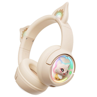 PHNIXGAM Cat Bluetooth Headphones, Wireless Headset with Mic, RGB LED Light, Beige, Model B5, For Kids and Adults