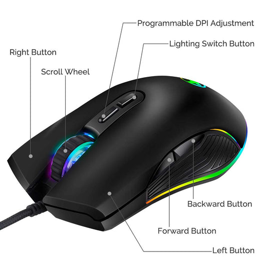 HXMJ RGB LED Wired Gaming Mouse, USB-C for MacBook/PC, M01 Model, Black