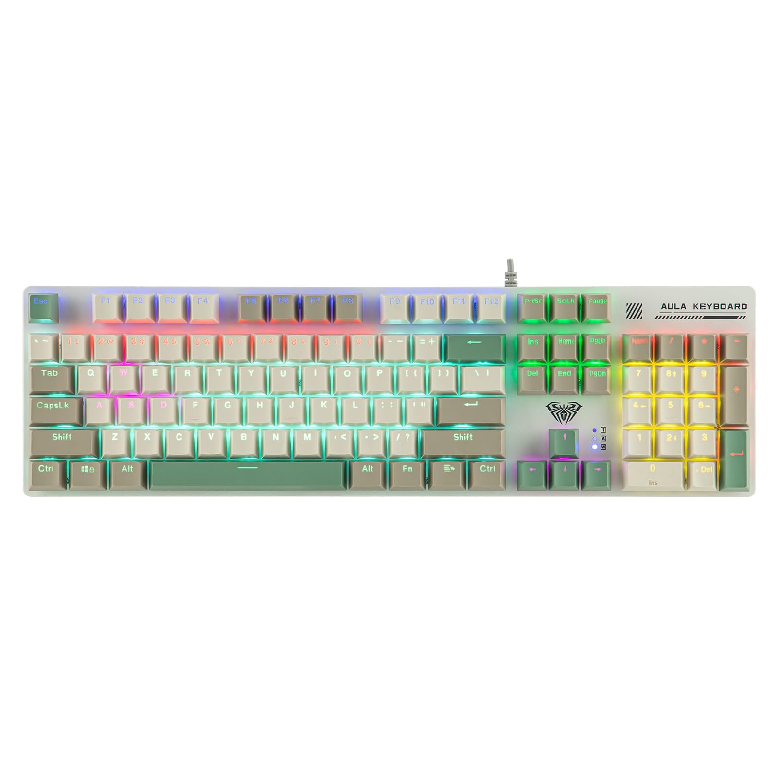 MechLands Aula S500 Wired Gaming Keyboard  100% Full Size Mechanical Keyboard with Number Pad  104 Keys  NKRO  RGB Backlits  Shine Through Keycaps  Ergonomic for PC E-Sports (White&Green  Red Switch)