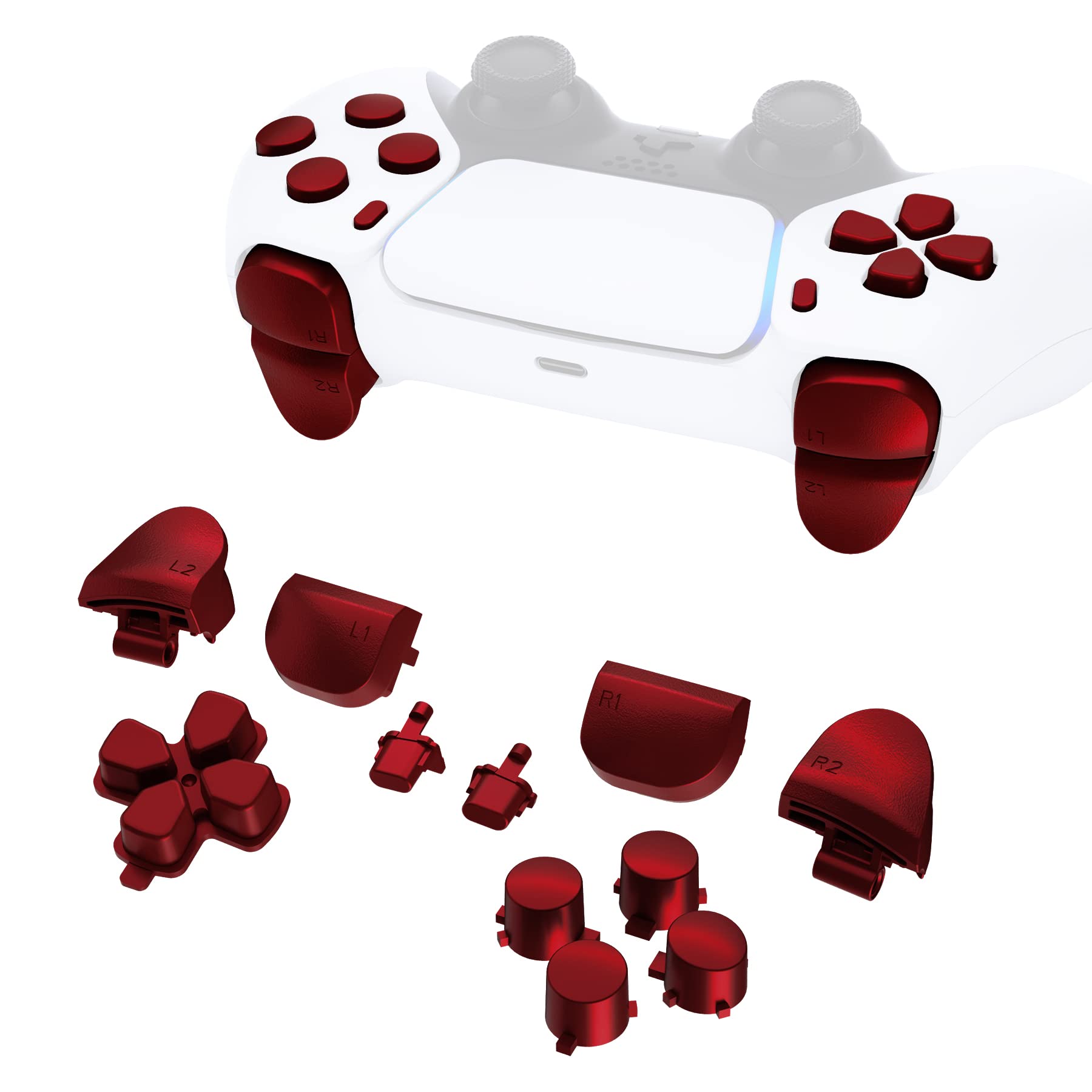 eXtremeRate Replacement D-pad R1 L1 R2 L2 control buttons Share Options Face Buttons  Scarlet Red Full Set Buttons Compatible with ps5 Controller BDM-010 & BDM-020