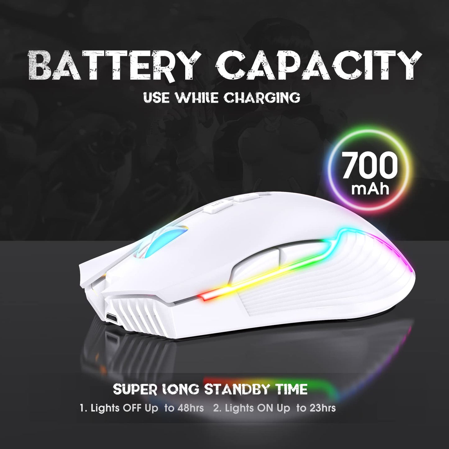 PHNIXGAM Wireless Gaming Mouse - Ergonomic RGB, 3600 DPI, 7 Buttons, White
