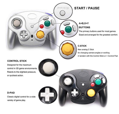 VTone Wireless Game Cube Controller - 2.4G Classic Gamepad (Black & Silver) - 2 Pieces with Receiver Adapter for Wii/Game Cube