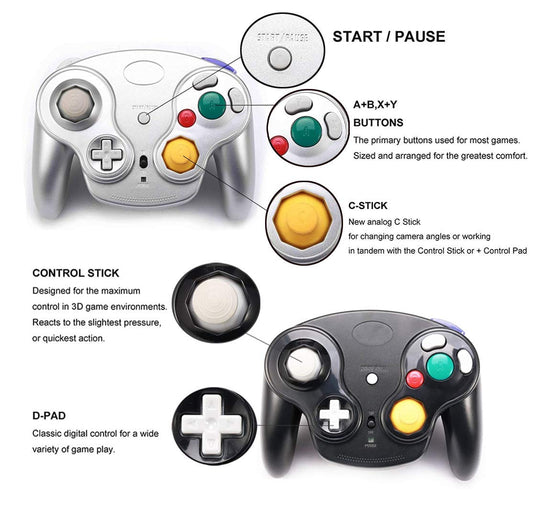 VTone Wireless Game Cube Controller - 2.4G Classic Gamepad (Black & Silver) - 2 Pieces with Receiver Adapter for Wii/Game Cube