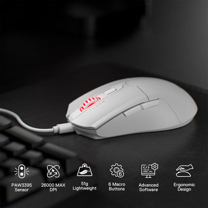 Redragon M995 Wired Gaming Mouse - 26000 DPI, 6 Programmable Buttons, 5 Backlit Modes, Ultra Lightweight, White