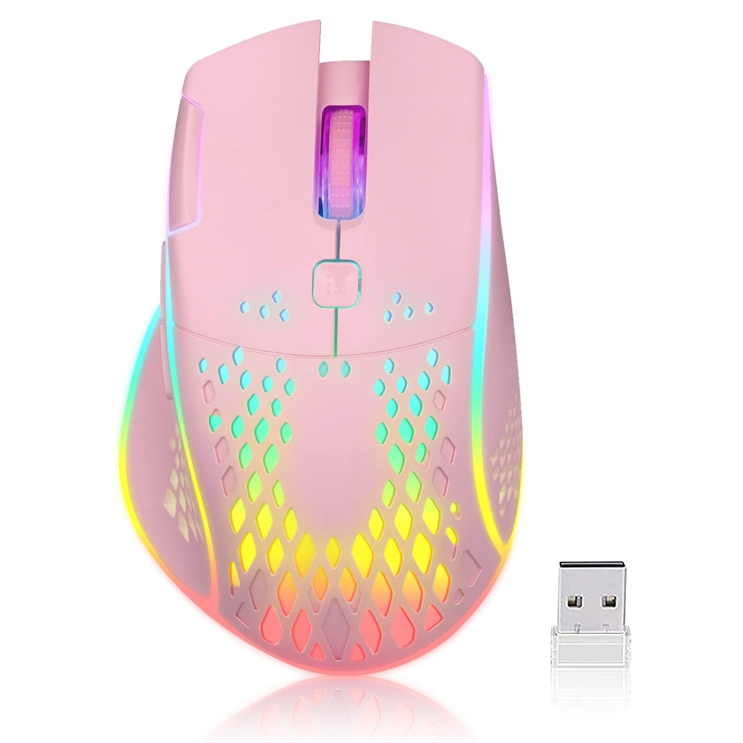 VEGCOO C30 Wireless Gaming Mouse - Silent Click, 3-Level DPI, Rechargeable, Colorful LED Lights, Pink