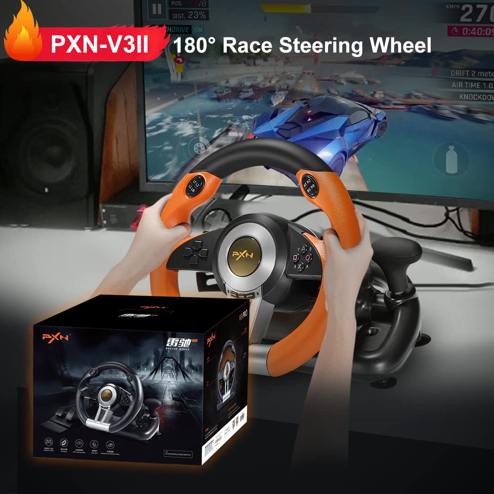PXN V3II Racing Wheel - 180° USB Steering Wheel with Pedals for Xbox One/PS4/Switch - Orange