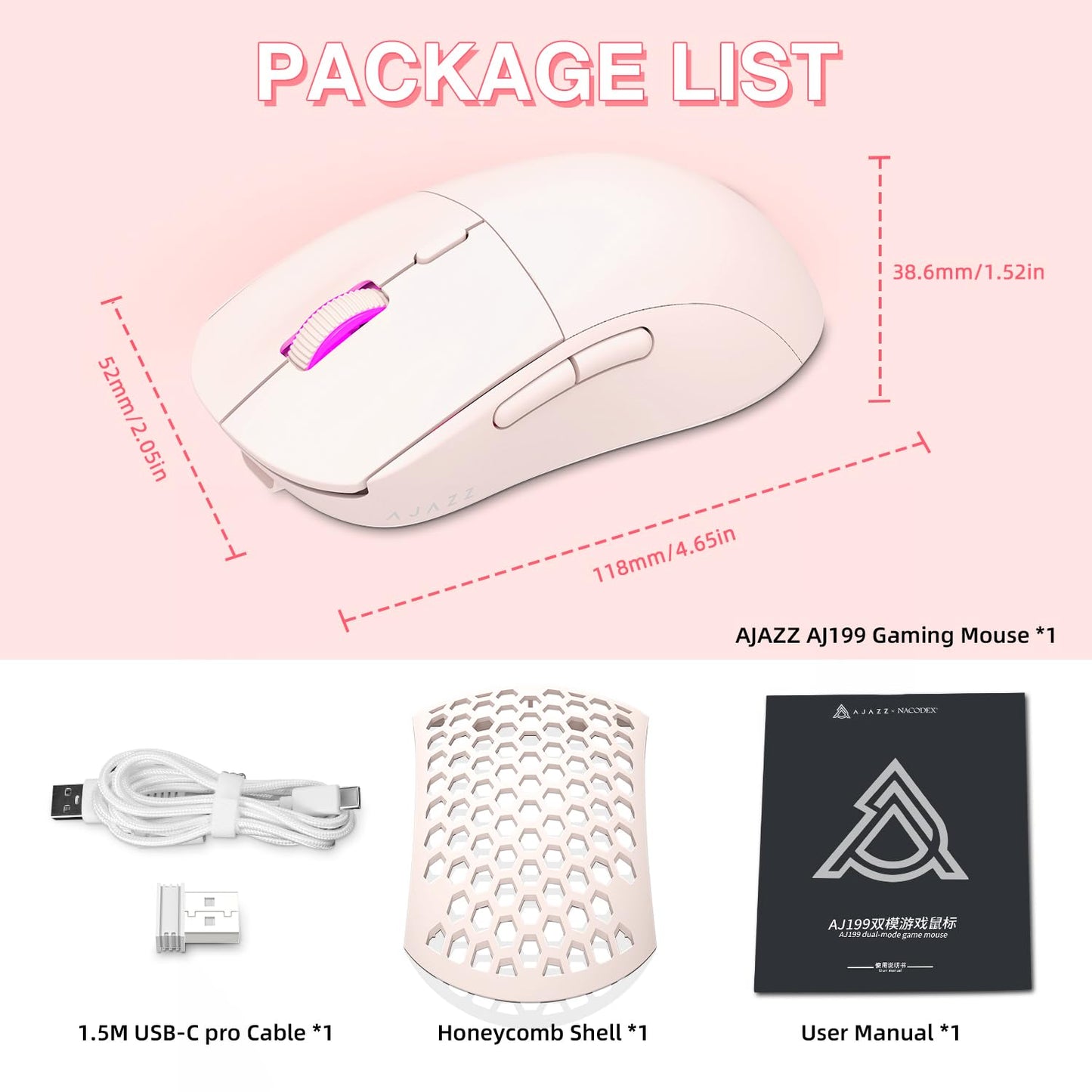 Ajazz Wireless Gaming Mouse - 26000DPI, 6 Macro Buttons, USB-C Rechargeable, Ultralight 59g, Pink