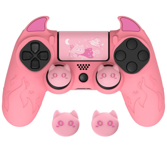 PlayVital PS4 Cute Demon Controller Skin - Pink Silicone Anti-Slip Cover with Thumb Grips, Model BRJP4P003, Compatible with PS4 Slim/Pro