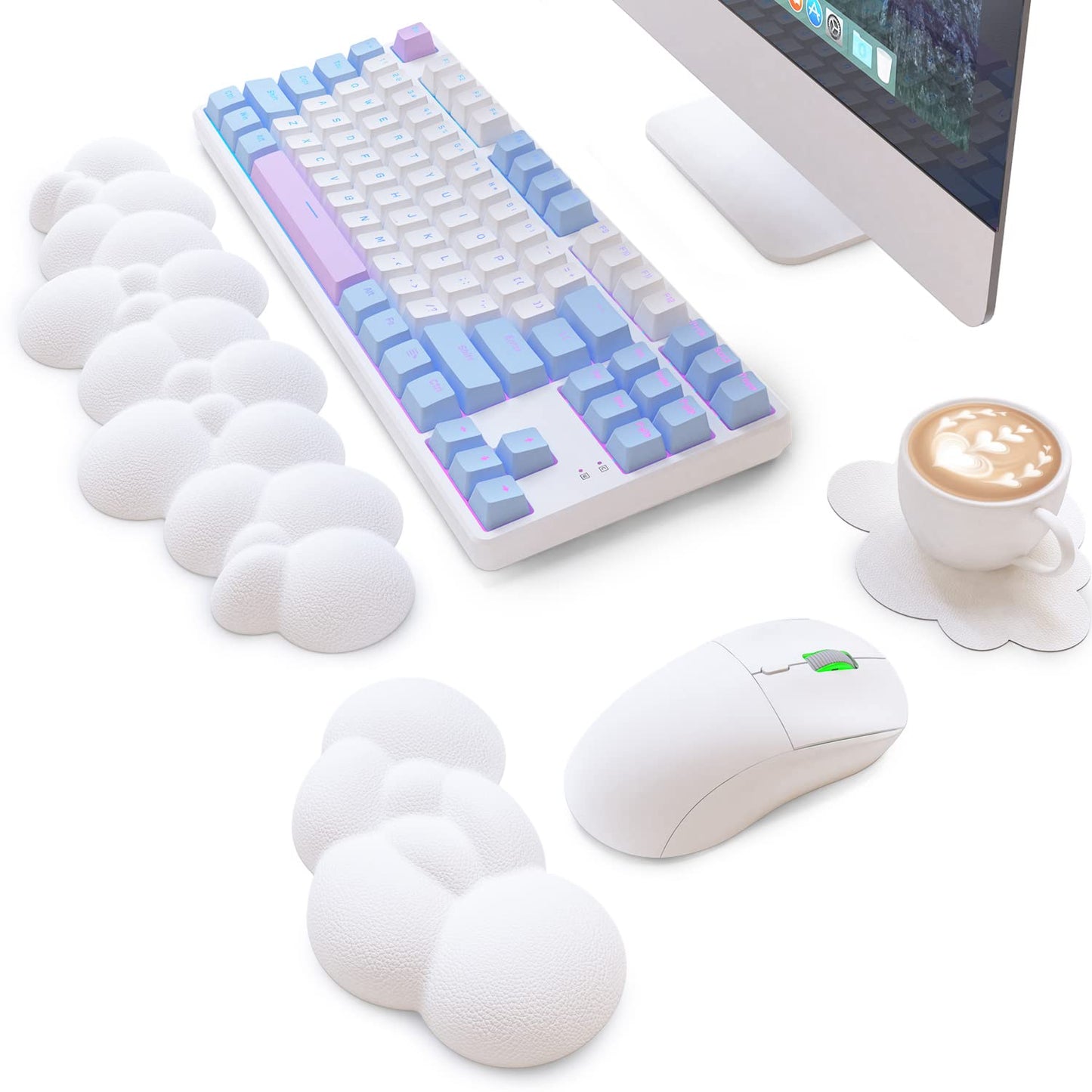 ATTACK SHARK Cloud Mouse Pad Wrist Support and Keyboard Wrist Rest Ergonomic Design for Typing Pain Relief Memory Foam Wrist Rest Leather Cup Coaster for Desk Office Computer Laptop Mac(White)