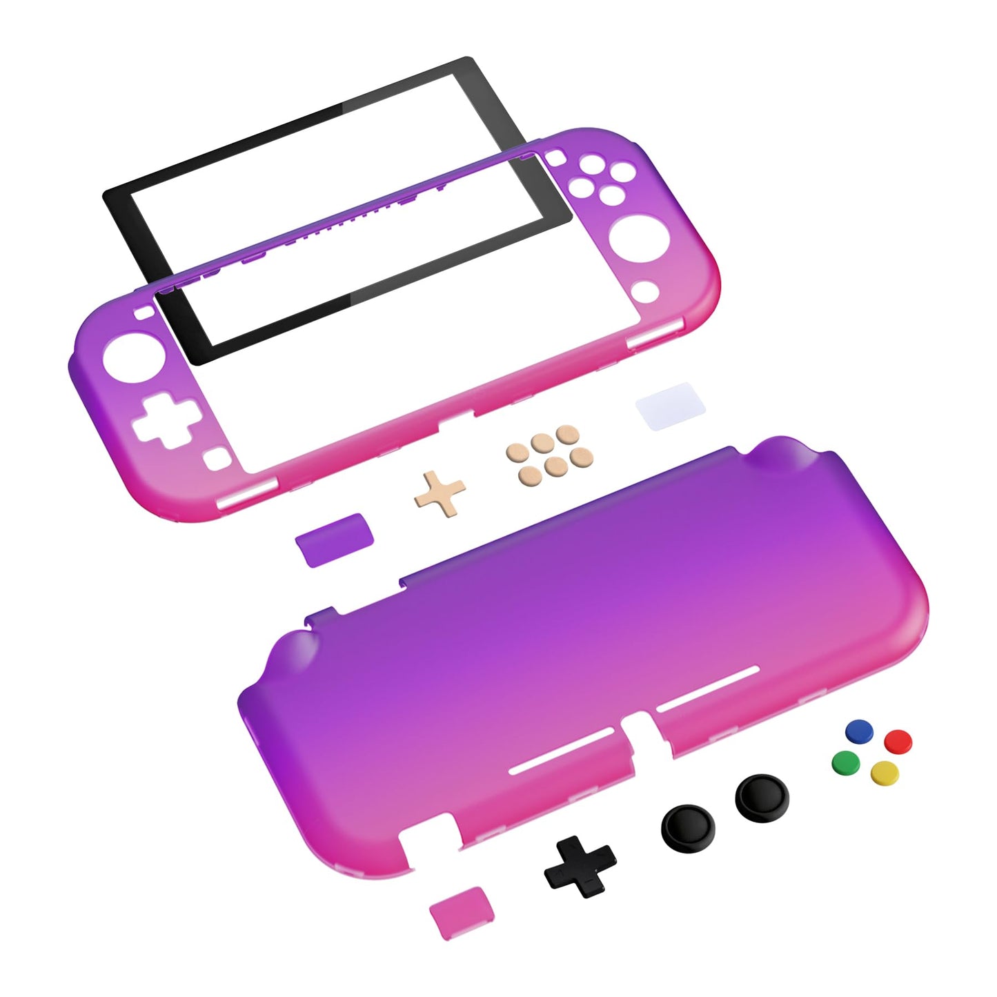 eXtremeRate PlayVital Protective Case for Nintendo Switch Lite - Hard Cover, Screen Protector, Thumb Grips, Clear Atomic Purple Rose Red