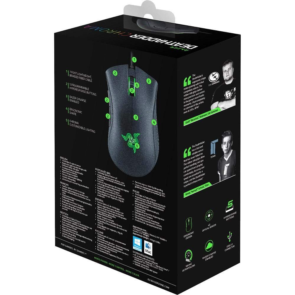 Razer DeathAdder Chroma Gaming Mouse - 10,000 DPI, Ergonomic Design, Black, Model RZ01-01210100-R3U1