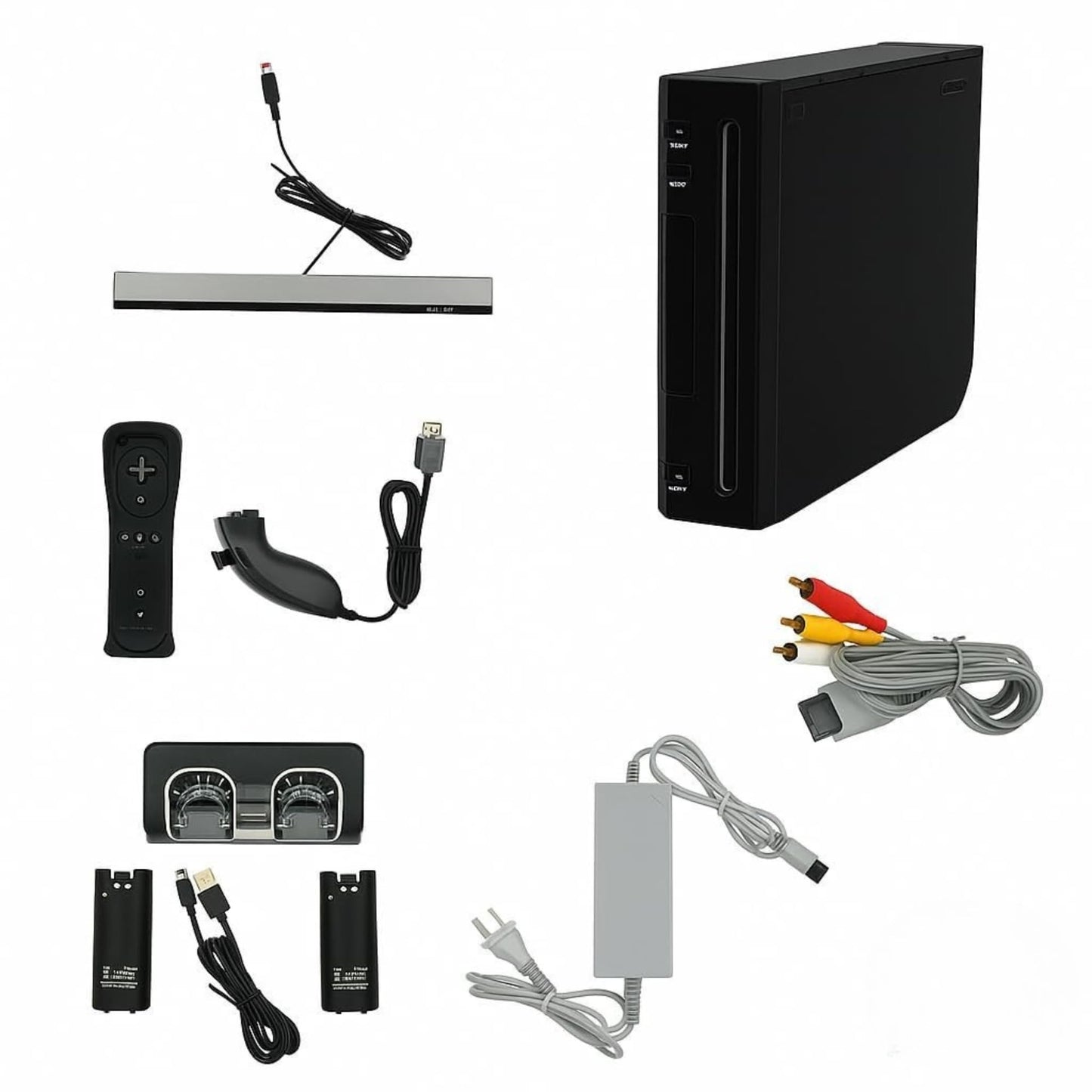 Nintendo Black Premium Wii Console with 2 Remotes  2 Nunchucks  Dual Dock Stand  Sensor Bar & AV Cable