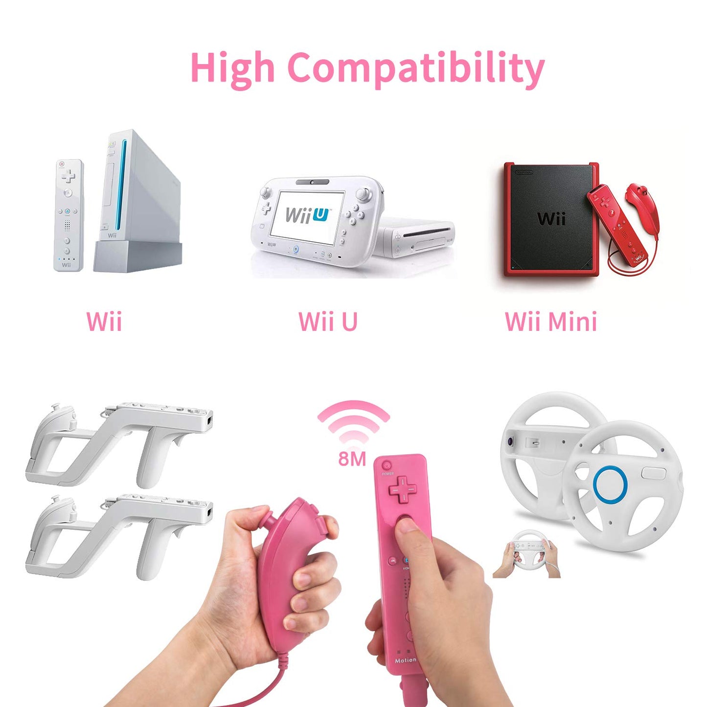 TechKen Wireless Controller for Wii U - Motion Plus, Pink, 1 Pack