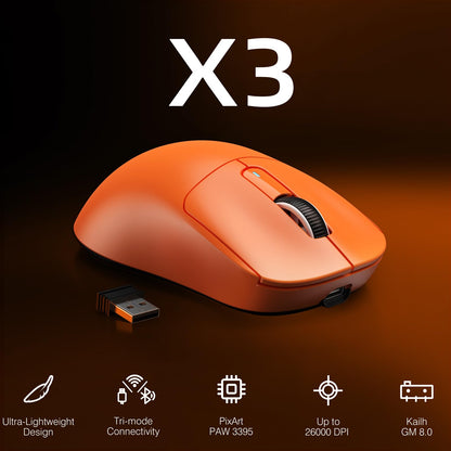 MANBASNAKE ATTACK SHARK X3 Wireless Gaming Mouse, 49g, 26K DPI Optical Sensor, 200h Battery Life, Ergonomic Design, Orange