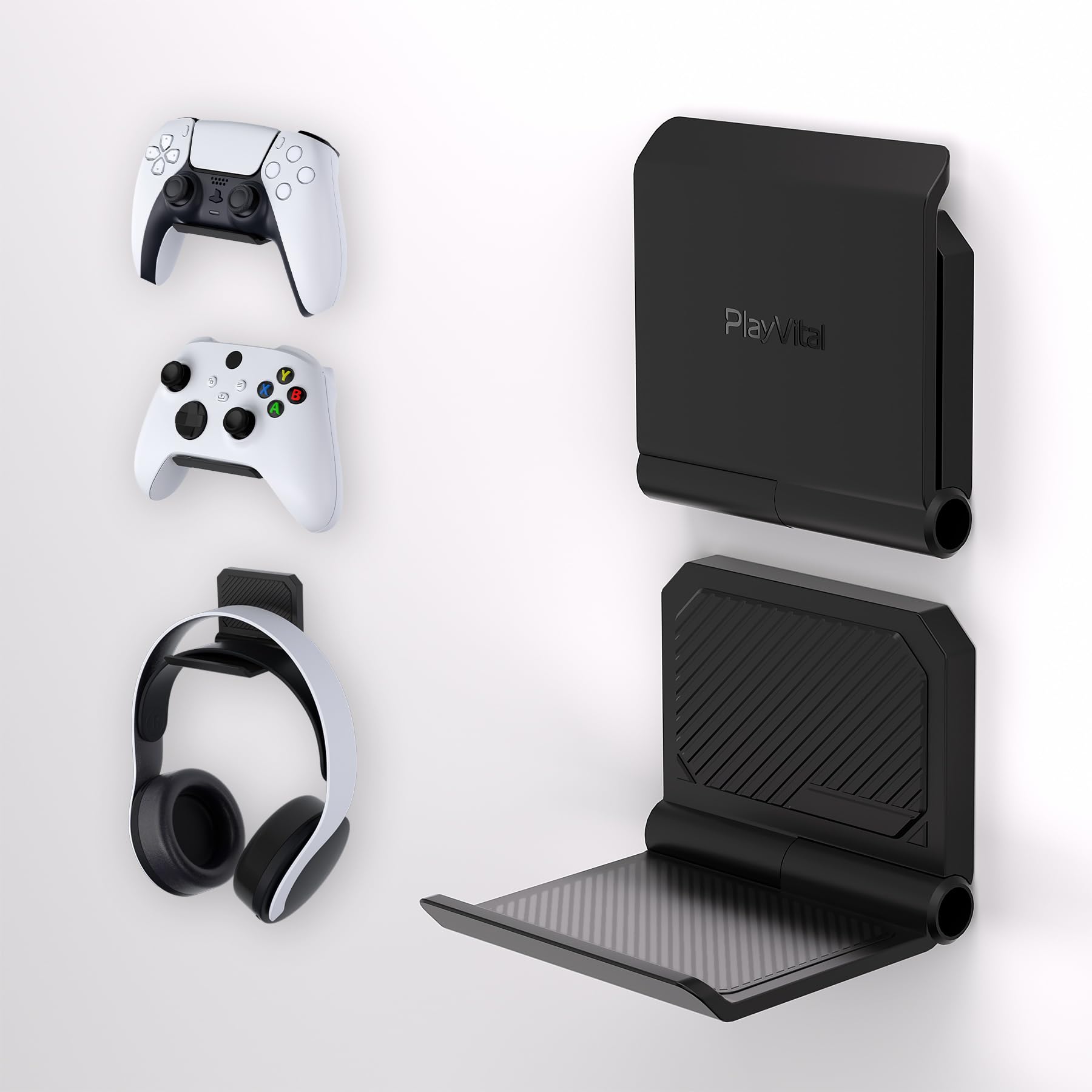 PlayVital FOLD Controller Holder Wall for PS5 PS4 Xbox Switch Pro Headset  2 Pack Universal Storage Organizer Gaming Controller Stand Headphone Mount - Foldable Anti-slip Adhesive Removable  Black