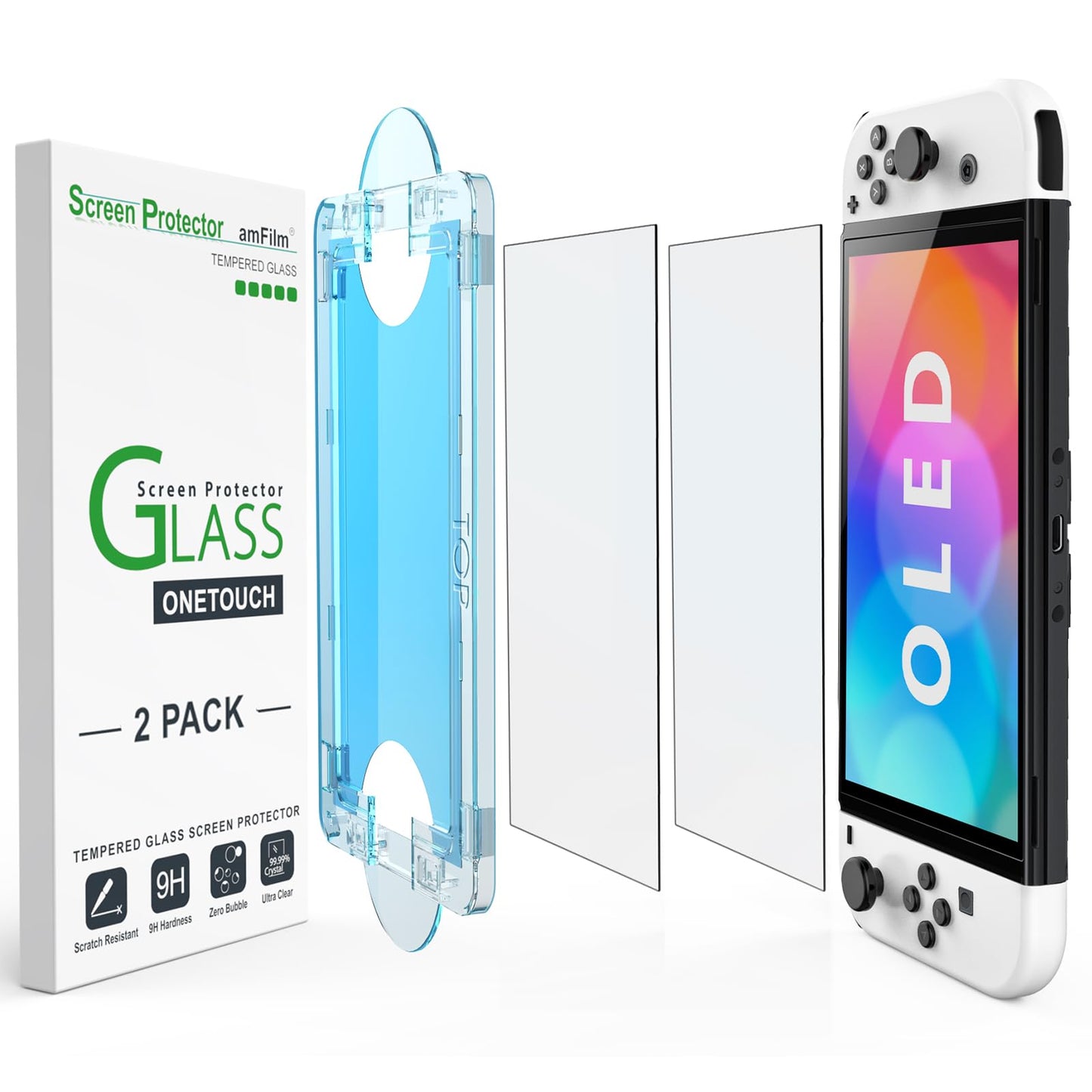 amFilm Auto-Alignment OneTouch for Nintendo Switch OLED 7.0 2021 Matte Screen Protector  Tempered Glass  30 seconds Installation  Bubble Free  Anti Glare  Touch Sensitive  Matte Finish [2 Pack]