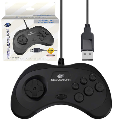 Retro-Bit Sega Saturn USB Controller Pad - Black for Genesis Mini, PS3, PC, Mac, Steam, Switch