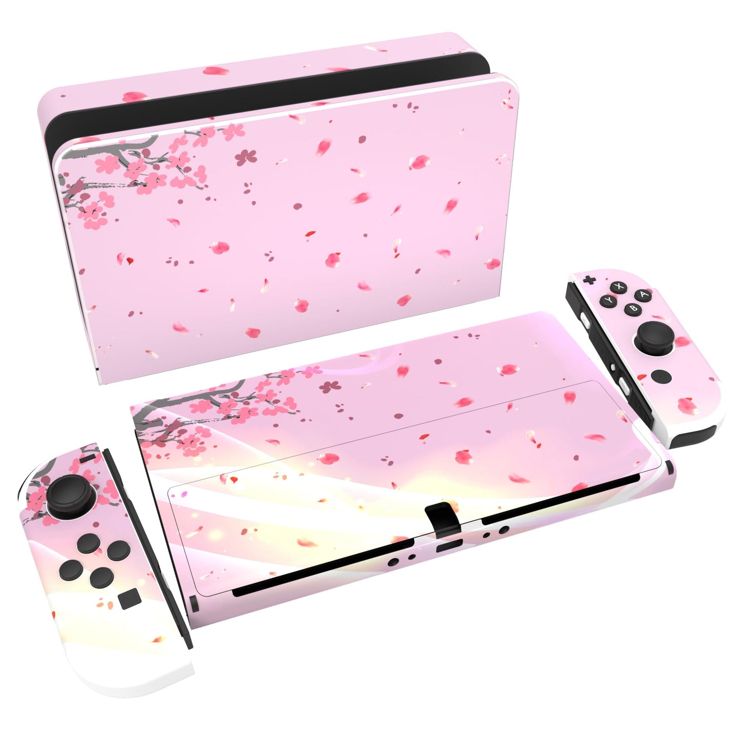 PlayVital Full Set Protective Stickers for Nintendo Switch OLED Model  Customized Vinyl Decal Skins for Switch OLED Console & Joycon & Dock & Grip - Pink Cherry Blossom