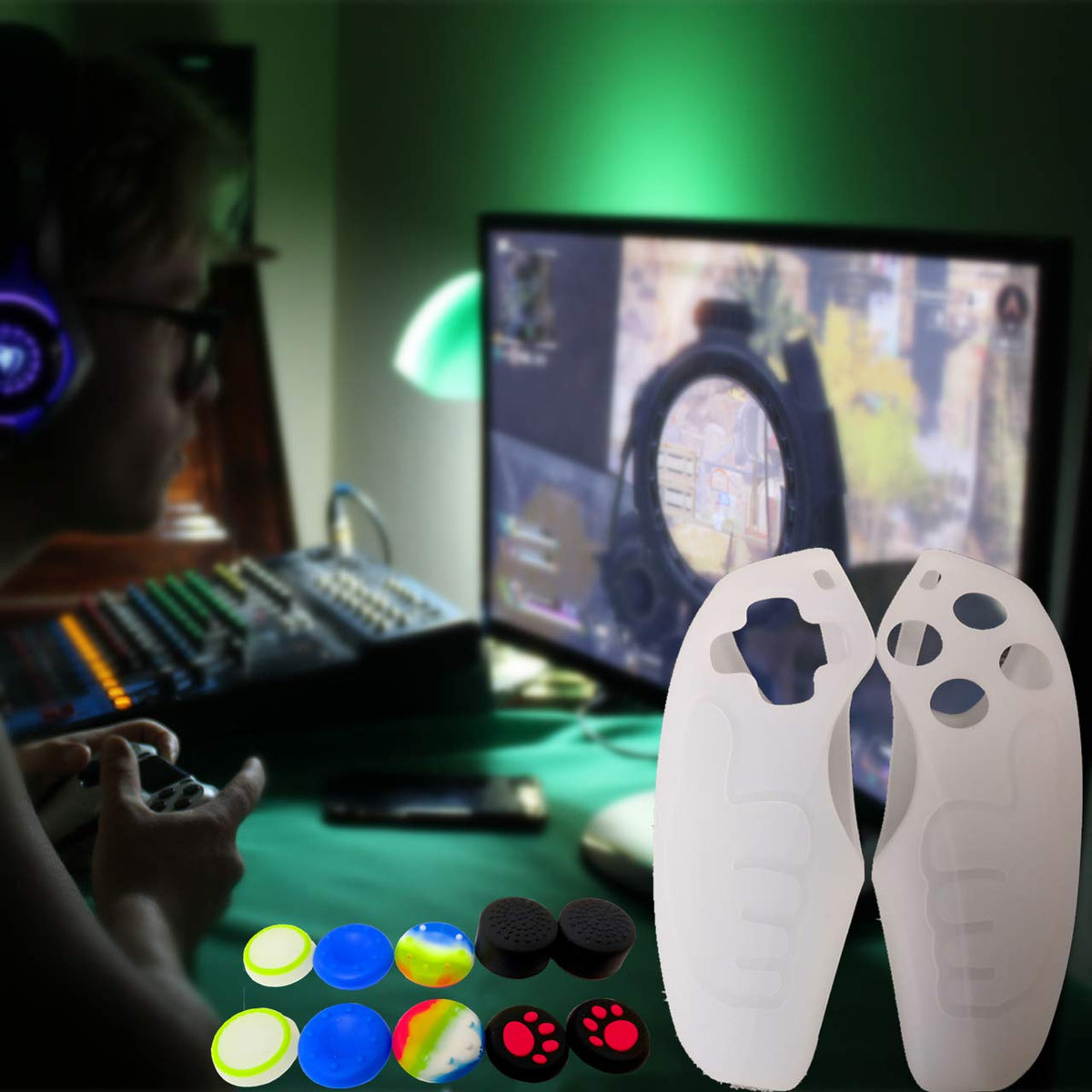 Asokex PS5 Controller Skin - Silicone Grip Cover with 10 Thumb Caps, M Type-Transparent, Model ps5-10cap-00011