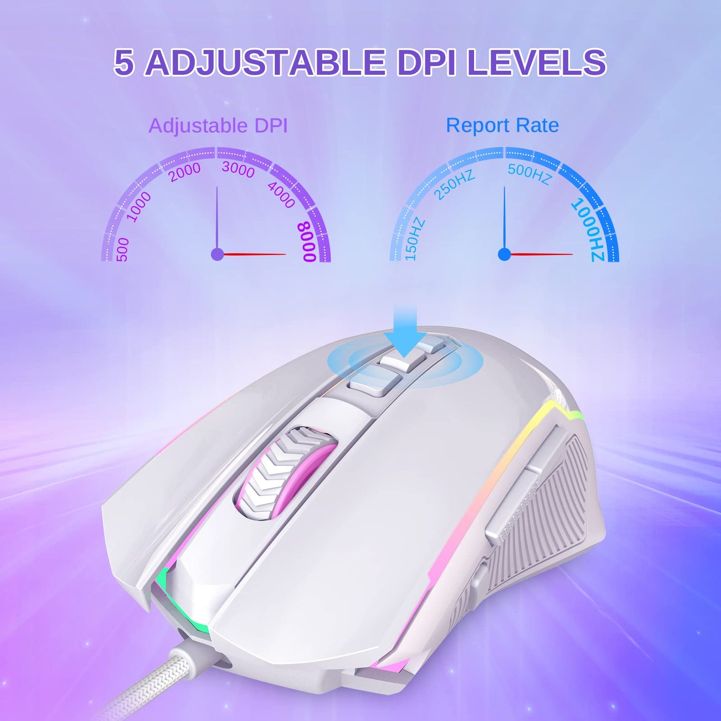 Redragon M910-W Wired Gaming Mouse, RGB Backlit, 8000 DPI, 9 Macro Buttons, White