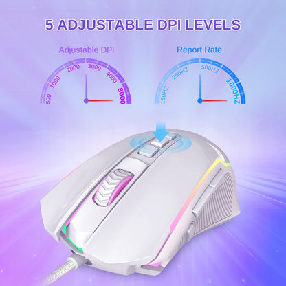 Redragon M910-W Wired Gaming Mouse, RGB Backlit, 8000 DPI, 9 Macro Buttons, White
