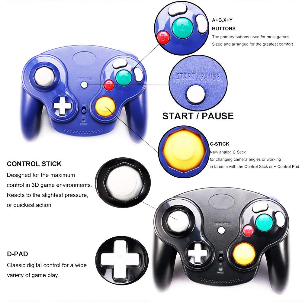 VTone Wireless Game Cube Controller - 2.4G Classic Gamepad Set, Black & Dark Blue, Includes Receiver Adapter for Wii NGC GC