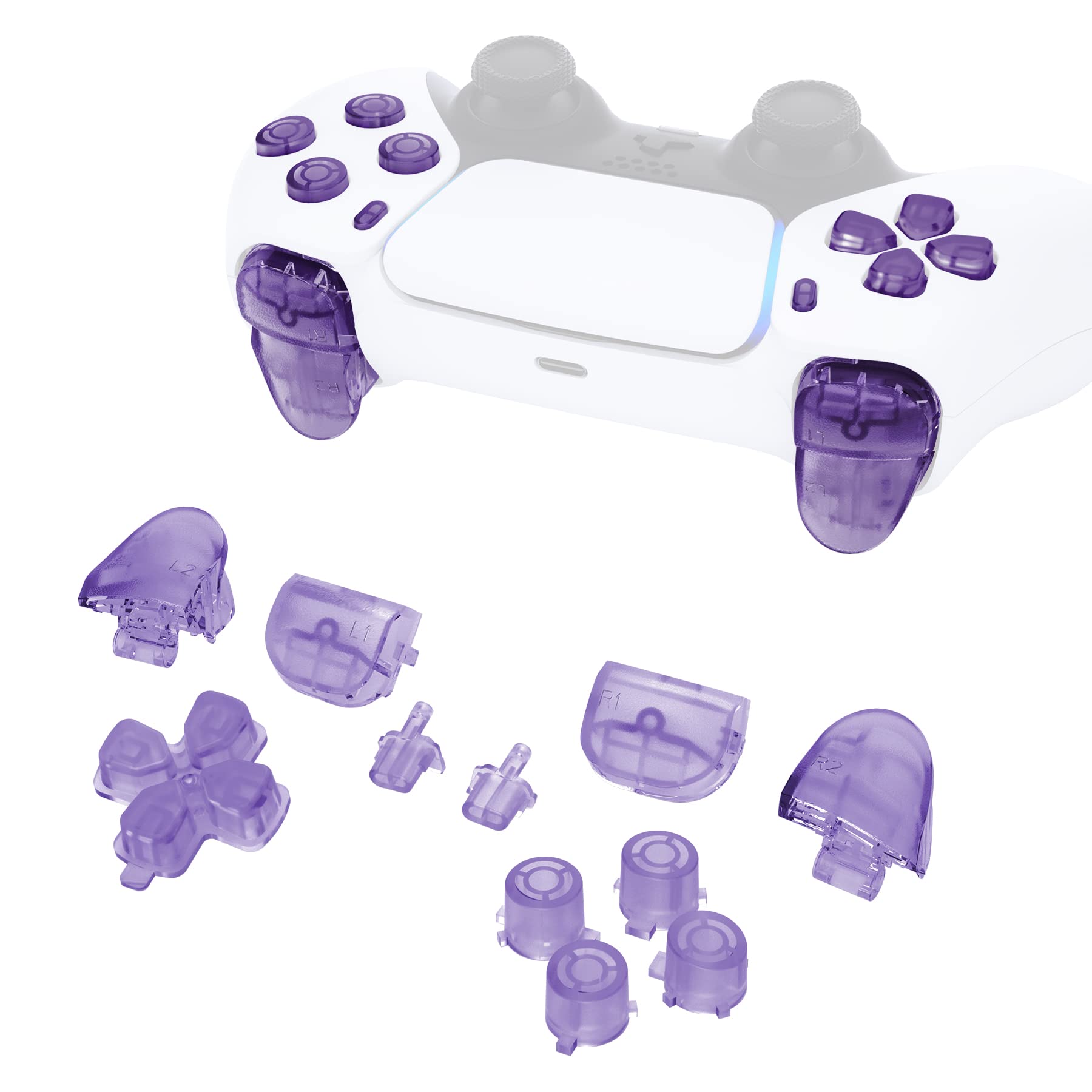 eXtremeRate Replacement D-pad R1 L1 R2 L2 Triggers Share Options Face Buttons  Clear Atomic Purple Full Set Buttons Compatible with ps5 Controller BDM-010 & BDM-020