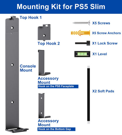 ALIENERGY PS5 Wall Mount - Sleek Hidden Design for PS5 Slim - Black - Includes 2 Controller & Headset Holders (Model: PS5SlimMount1)
