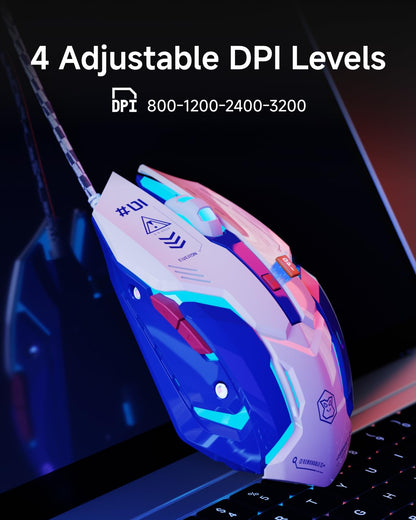 SEUNKWANG G10 Wired Gaming Mouse with RGB Backlight, 3200 DPI, Ergonomic Design, White-Blue