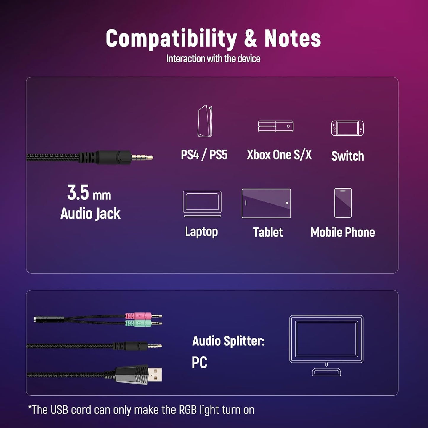 Ozeino Gaming Headset - 7.1 Surround Sound, Noise Cancelling Mic, RGB Light, Large, White, Model ZW1 for PC, PS4, PS5, Xbox Series