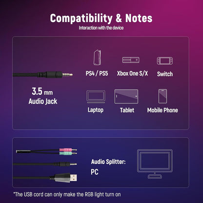 Ozeino Gaming Headset - 7.1 Surround Sound, Noise Cancelling Mic, RGB Light, Large, White, Model ZW1 for PC, PS4, PS5, Xbox Series