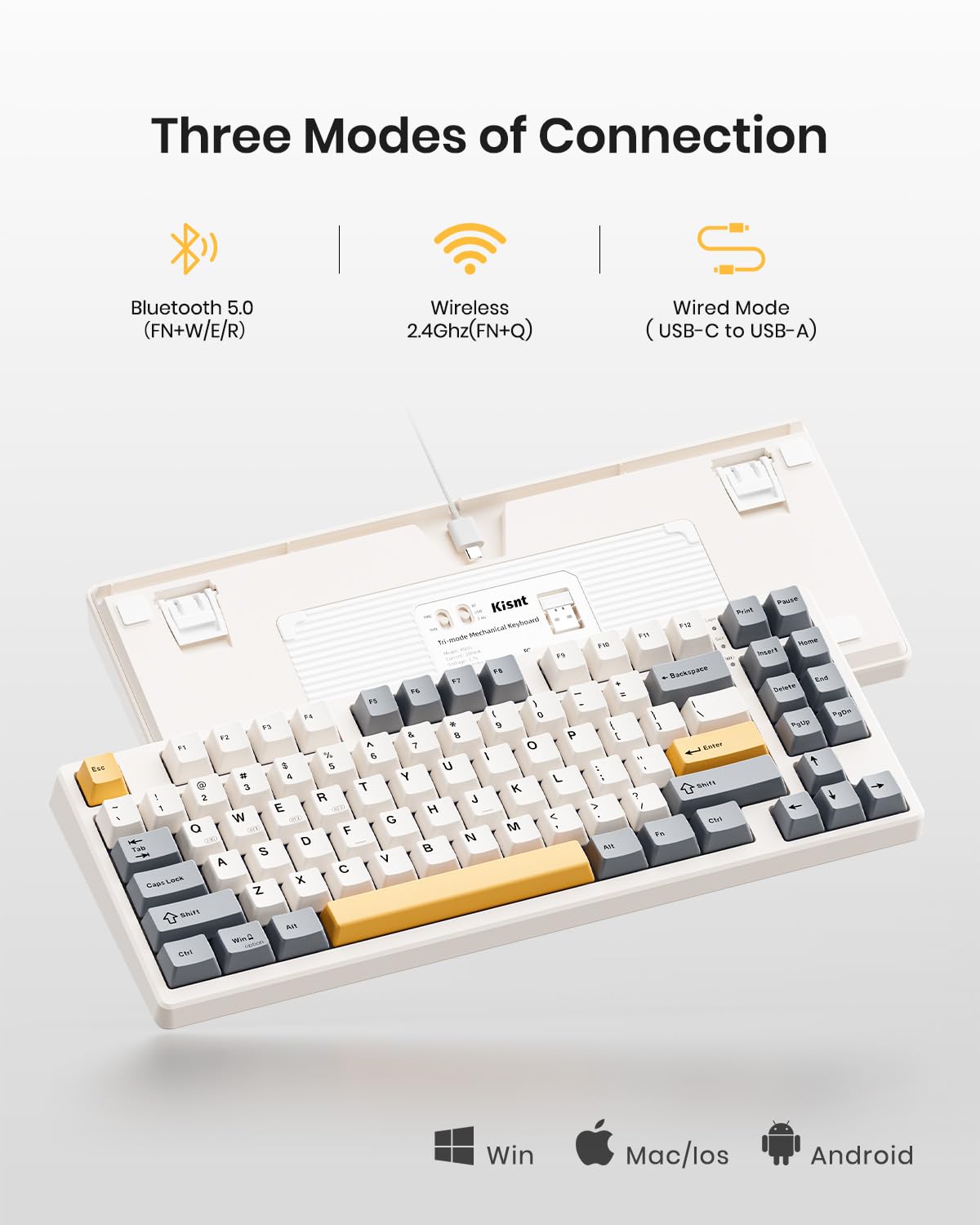 Kisnt Wireless Mechanical Keyboard KN85, Gasket Mounted, Bluetooth/2.4GHz/USB-C, RGB Backlit, 75% Compact, Retro Beige, Linear Switch
