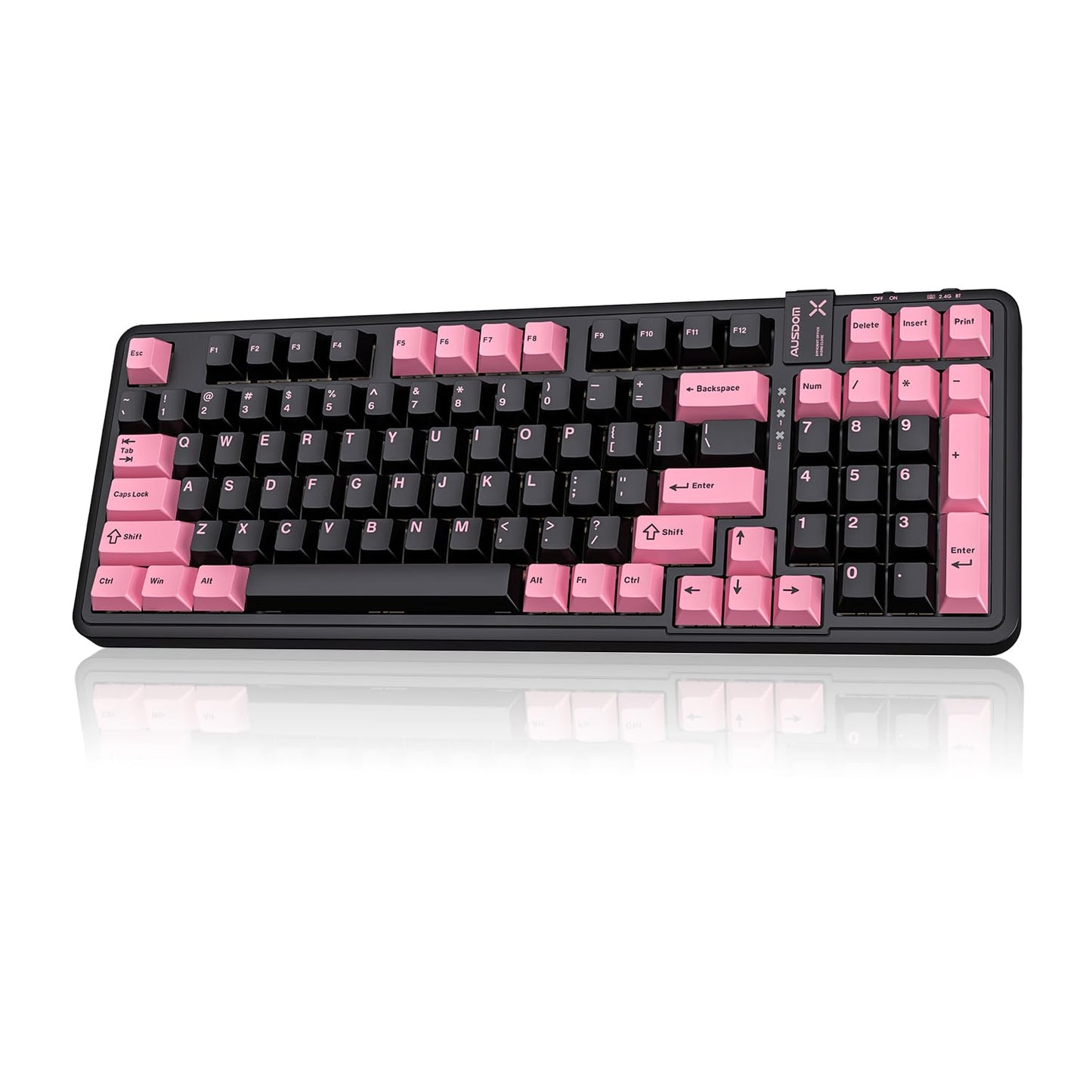 AUSDOM 98Pro Silent Wireless Mechanical Keyboard  Tri-Mode BT/2.4G/USB-C Hot Swappable Custom Quiet Keyboard with Backlit  Gasket Structure  PBT Keycaps Pre-lubed Tactile Switches(Black & Pink-Silent)