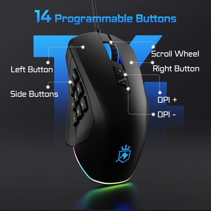 ROYALAXE Wired Gaming Mouse MS901, Ergonomic MMO Mouse, 14 Programmable Buttons, 12,400 DPI, RGB Lighting, Black